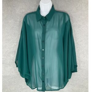 Bebe Sheer Button-Up Top Open Back Blouse‎ Batwing Flowy Green Sz M Forest Fairy